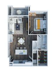 A top down view of a small apartment with a kitchen, living room, and bathroom.