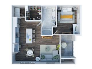 A top down view of a small apartment with a kitchen, living room, and bathroom.