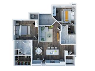 A modern house layout with a kitchen, living room, and bedrooms.