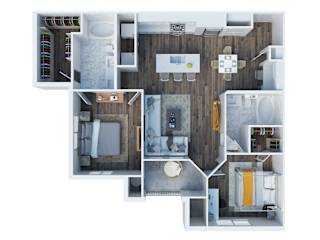 A top down view of a small apartment with a kitchen, living room, and bathroom.