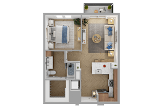 a 3d rendering of a 1 bedroom floor plan with a bathroom and a kitchen