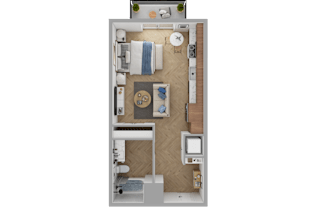 a floor plan of a bedroom with a bathroom and a living room