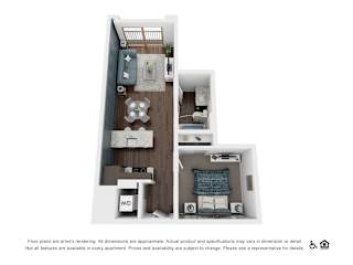 A floor plan of a small apartment with a living room, kitchen, and bedroom.