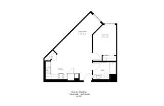 A black and white image of a floor plan for a small apartment.