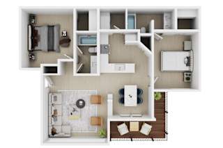A top-down view of a house layout with a kitchen, living room, dining area, and bedrooms.