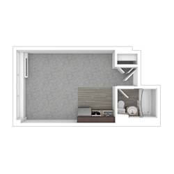 A white room with a bed and a desk.