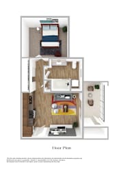 A floor plan of a house with a bedroom, living room, kitchen, and bathroom.