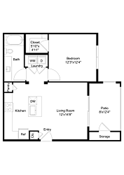 A floor plan of a house with a living room, kitchen, bathroom, bedroom, and storage.