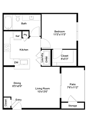A floor plan of a house with a living room, dining room, kitchen, and bedroom.