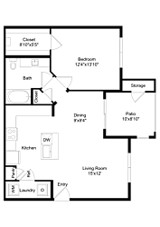 A floor plan of a house with a living room, kitchen, dining room, bedroom, bathroom, closet, and storage area.