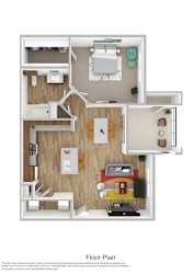 A floor plan of a house with a kitchen, living room, and two bedrooms.