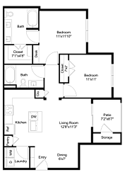 A floor plan of a house with two bedrooms, a living room, a kitchen, a pantry, a bathroom, a closet, a storage area, and a dining area.