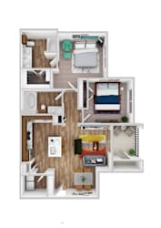 A 3D floor plan of a small apartment with a kitchen, living room, and bedroom.