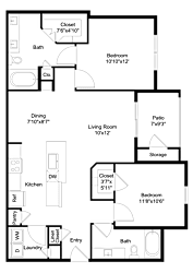 A floor plan of a house with a living room, dining room, kitchen, and two bedrooms.