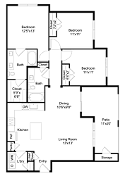 A floor plan of a house with two bedrooms, a living room, a kitchen, a bathroom, a dining area, a pantry, an entry, a storage area, and a patio.