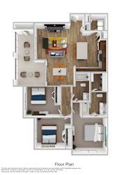 A floor plan of a house with a living room, dining room, kitchen, and two bedrooms.