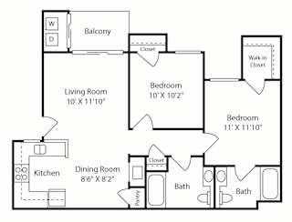 Waterstone at Murrieta Apartments in Murrieta, California 2x2 2D Floor Plan