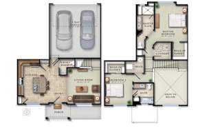 A floor plan of a house with two master bedrooms, a living room, kitchen, and laundry area.