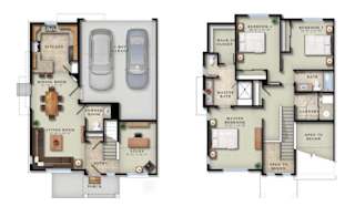A floor plan of a two-story house with a garage and a study.