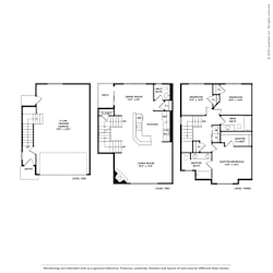 A drawing of a three-level house plan with a deck, living room, and three bedrooms.