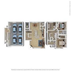 A floor plan of a house with three bedrooms, a living room, a kitchen, and a garage.