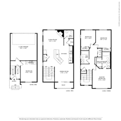 A drawing of three house plans with a living room, bedrooms, and bathrooms.
