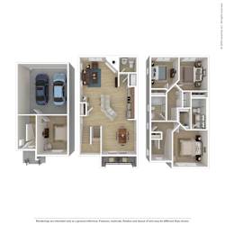 A floor plan of a house with three bedrooms, a living room, a kitchen, and a garage.