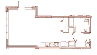A red line drawing of a house with a kitchen and living room.