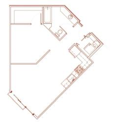 A red outline drawing of a house plan.