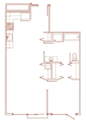 A red line drawing of a floor plan of a room.