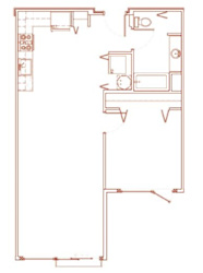 A red line drawing of a floor plan of a room.
