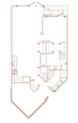 A red line drawing of a house plan.