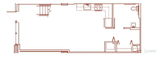 A floor plan of a house with a kitchen, living room, and bathroom.
