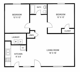 A floor plan of a small apartment with two bedrooms, a living room, a kitchen, a laundry room, and a bathroom.