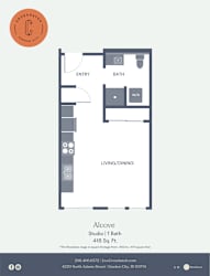 A floor plan for a 418 square foot studio apartment.