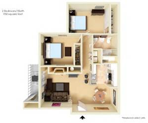 Two bedroom one bathroom 3D floorplan with balcony at Edgewater Apartments, Idaho, 83703