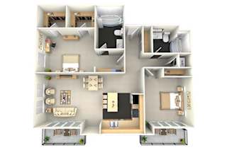 A 3D floor plan of a house with multiple rooms and furniture.