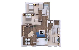 A floor plan of a house with a kitchen, living room, and two bedrooms.