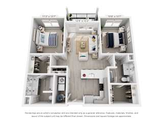 A floor plan of a two-bedroom apartment with a living room, kitchen, and bathroom.