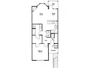 A floor plan of a house with a living room, dining room, kitchen, and two bathrooms.