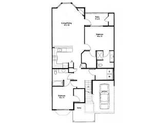 A floor plan of a house with a living room, dining room, kitchen, and two bedrooms.