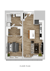 A floor plan of a small apartment with a kitchen, living room, and two bedrooms.