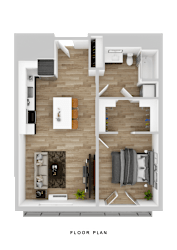 A floor plan of a small apartment with a living room, kitchen, and bedroom.