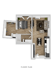 A floor plan of a house with a living room, dining room, kitchen, and two bedrooms.
