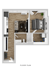 A floor plan of a small apartment with a kitchen, living room, and bathroom.