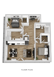 A floor plan of a house with a kitchen, living room, and two bedrooms.