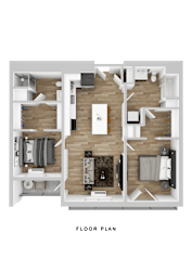 A floor plan of a house with a kitchen, living room, and two bedrooms.