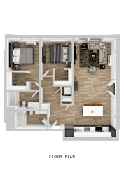 A floor plan of a house with a kitchen, living room, and bathroom.