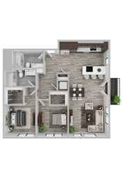 A 3D floor plan of a house with a kitchen, living room, and two bedrooms.