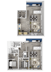 A set of three images showing different layouts of a room with a bed, a desk, and a chair.